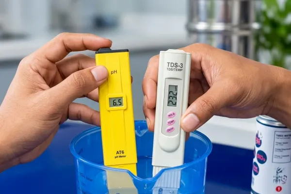 Pengujian kualitas air bersih Daud Water menggunakan pH meter dan TDS meter