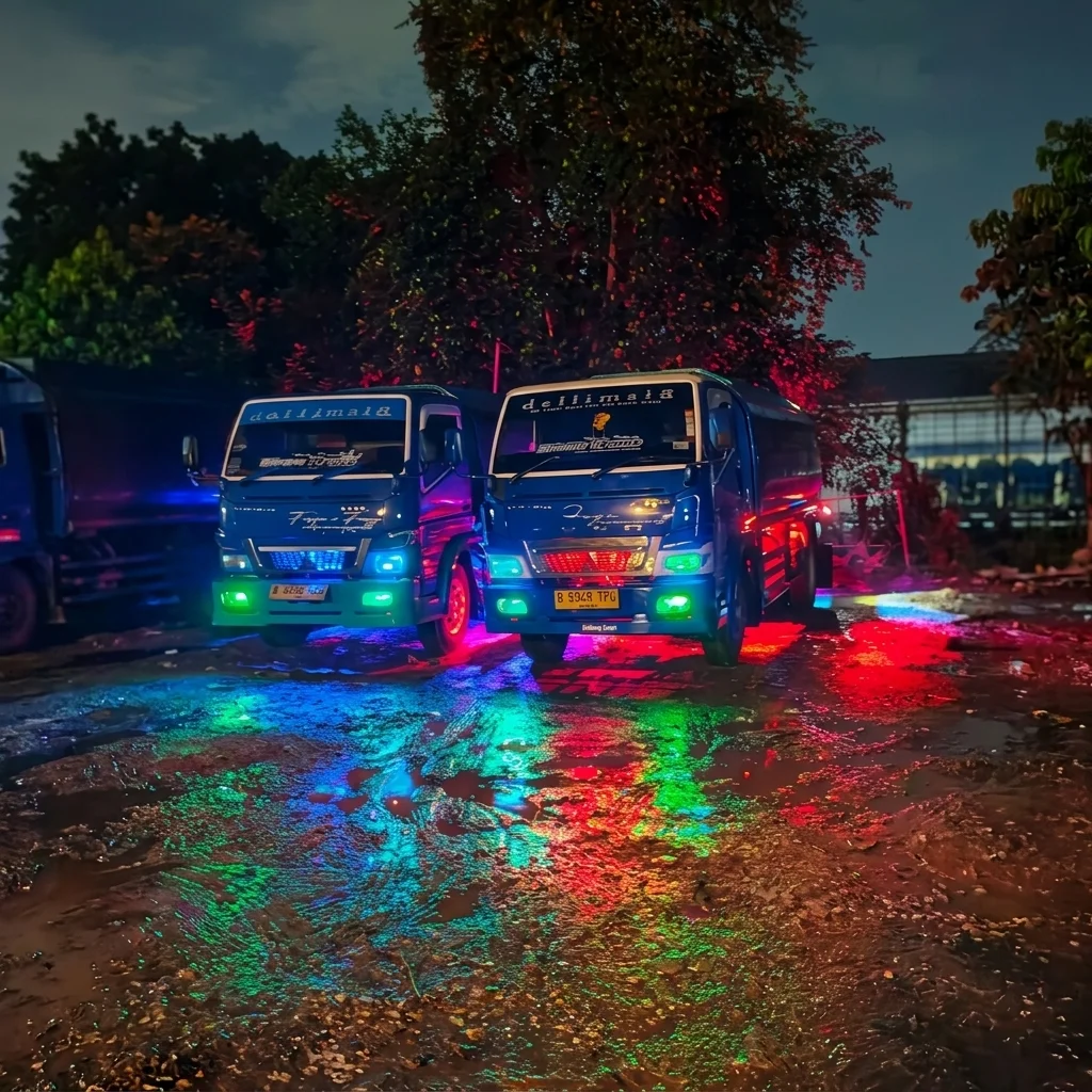Armada truk tangki Daud Water dengan lampu LED siap beroperasi malam hari